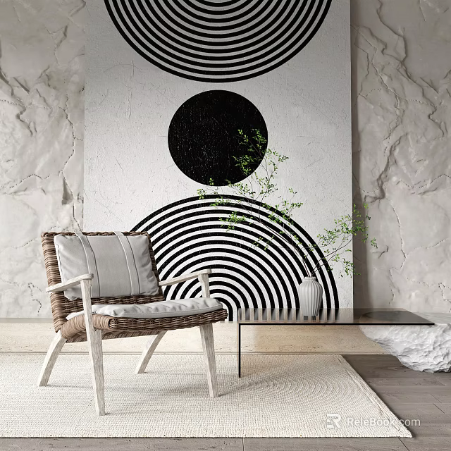 Wicker Leisure Chair With White Frame And Gray Cushion Against Stone Wall And Geometric Painting 3d model 