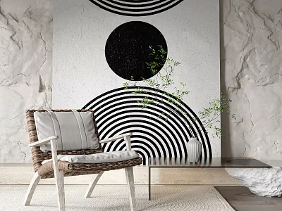 Wicker Leisure Chair With White Frame And Gray Cushion Against Stone Wall And Geometric Painting 3d model