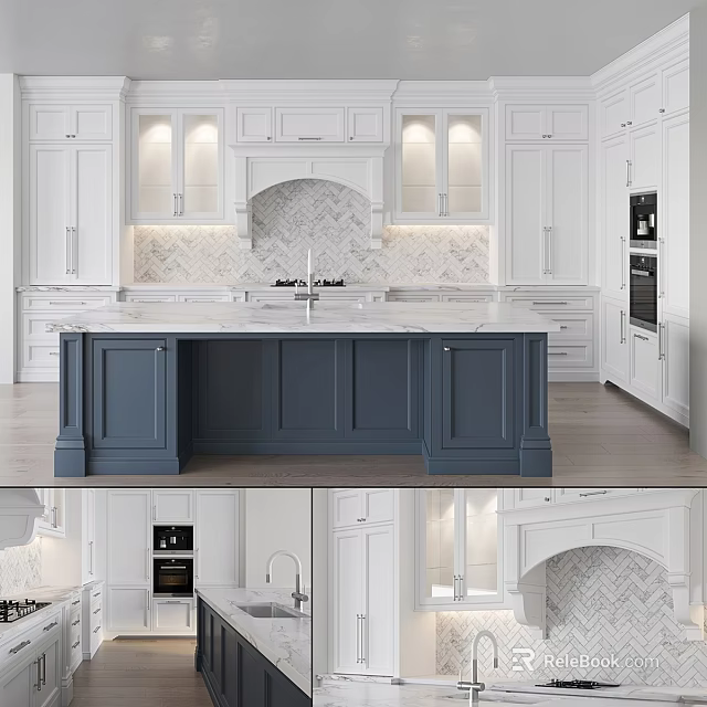 Modern Kitchen With White Cabinets Blue Island Marble Countertop And Herringbone Backsplash 3d model 