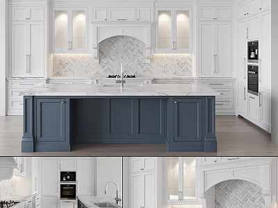 Modern Kitchen With White Cabinets Blue Island Marble Countertop And Herringbone Backsplash 3d model