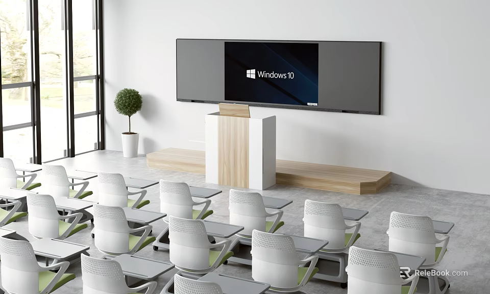 Modern School Classroom With Large Screen Podium Desks And Chairs 3d model