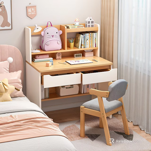 Wooden Student Desk With Drawers Pink Backpack Books And Chair In Bedroom 3d model 