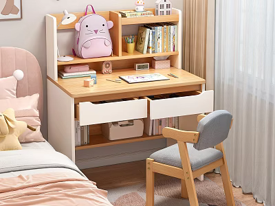 Wooden Student Desk With Drawers Pink Backpack Books And Chair In Bedroom 3d model