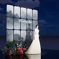 Wedding Photo Spot With Bridal Gown Grid Window Cloudy Background And Flowers