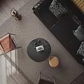 Modern Living Room Interior With Black Chandelier Large Windows And Green Plant And Black Sofa