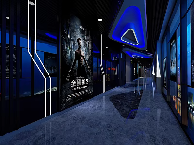 Modern Cinema Lobby With Blue Lighting Movie Posters And Marble Floor 3d model