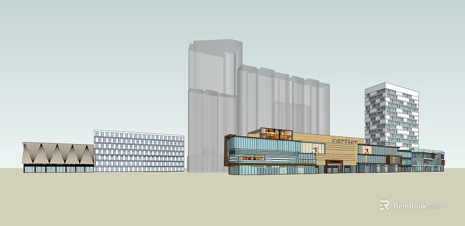 Modern Tall Residential Building with Glass Facades and Adjacent Low Rise Structures 3d model 