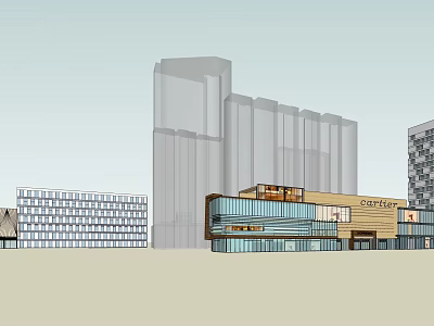 Modern Tall Residential Building with Glass Facades and Adjacent Low Rise Structures 3d model