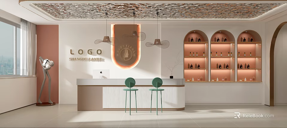 Stylish Beauty Salon Interior With Wavy Ceiling Pendant Lights Green Chairs And Arched Product Shelves 3d model 