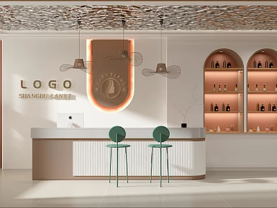 Stylish Beauty Salon Interior With Wavy Ceiling Pendant Lights Green Chairs And Arched Product Shelves 3d model