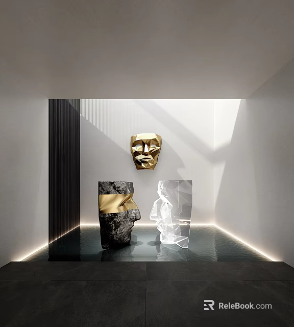 Golden Mask Black Abstract With Gold And White Geometric Sculptures In Modern Indoor Display Lighting 3d model 