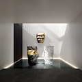 Golden Mask Black Abstract With Gold And White Geometric Sculptures In Modern Indoor Display Lighting