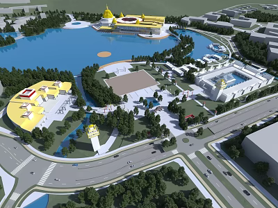 Aerial View Planning Of Water Area Yellow Buildings Green Spaces Plaza And Roads 3d model