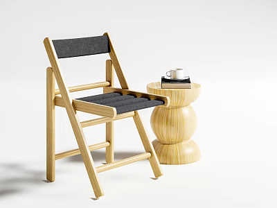 Leisure Chair With Wooden Frame Black Seat Backrest And Side Table With Cup And Books 3d model