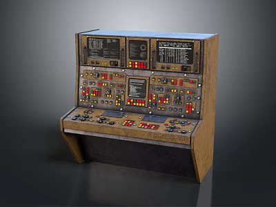 Vintage Industrial Control Panel With Wooden Cabinet Buttons And Indicators 3d model