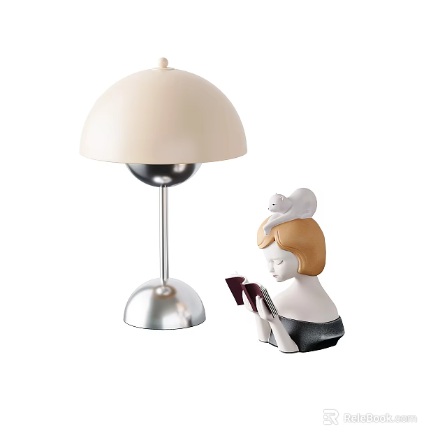 Modern White Lampshade Table Lamp with Silver Base and Decorative Figurine 3d model