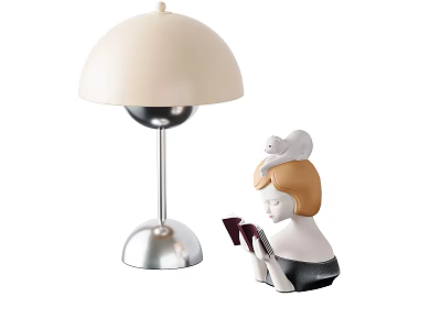Modern White Lampshade Table Lamp with Silver Base and Decorative Figurine 3d model