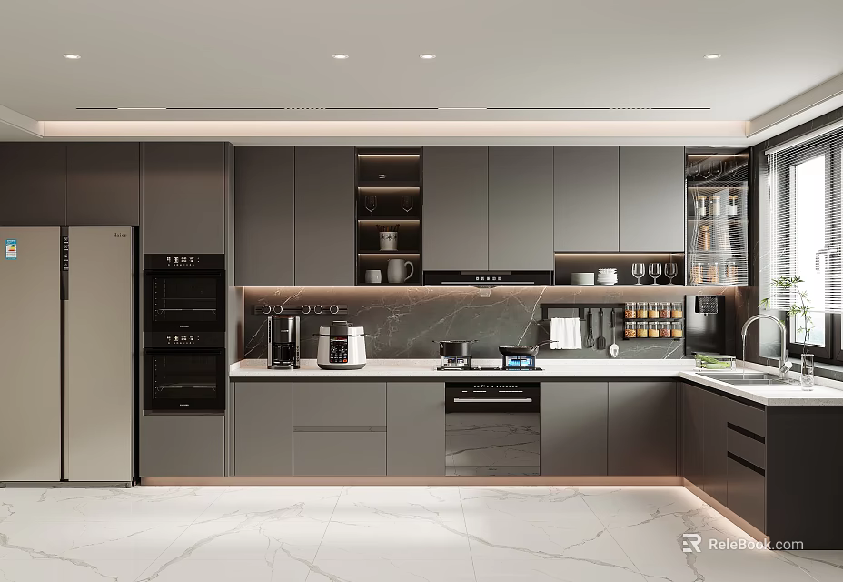 Modern Kitchen Interior With Gray Cabinets Stainless Steel Refrigerator And Countertop 3d model 