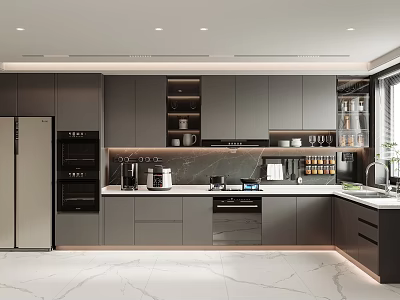 Modern Kitchen Interior With Gray Cabinets Stainless Steel Refrigerator And Countertop 3d model