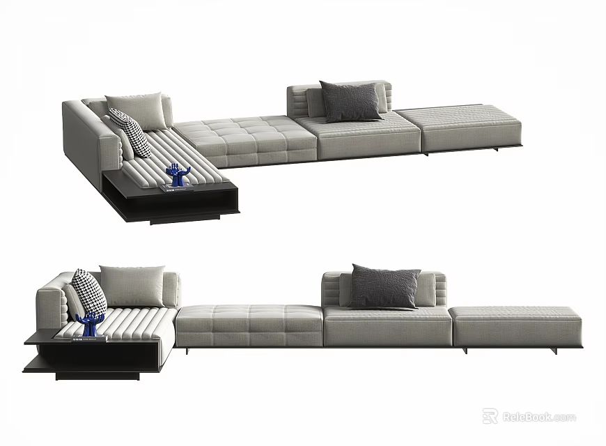 L Shaped Sectional Sofa In Gray Fabric With Decorative Cushions And Side Table 3d model