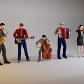 Group of people playing various musical instruments including saxophone guitar cello accordion and violin
