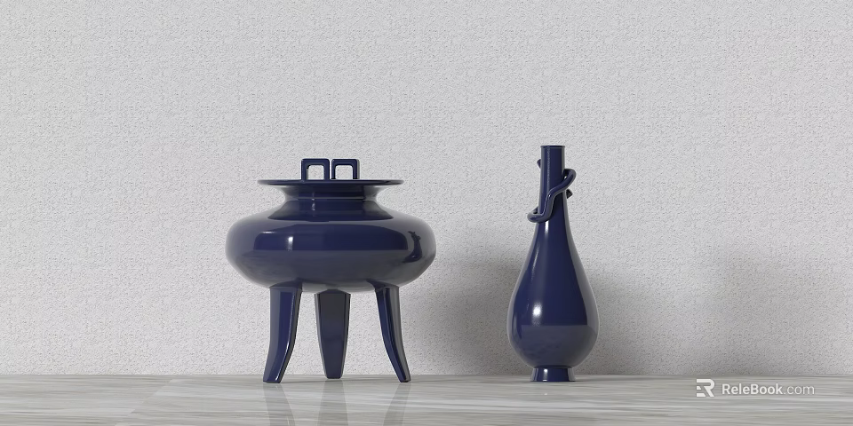 Two Blue Ceramic Vessels Tripod Cauldron And Slender Bottle On Light Tabletop With Wall Background 3d model