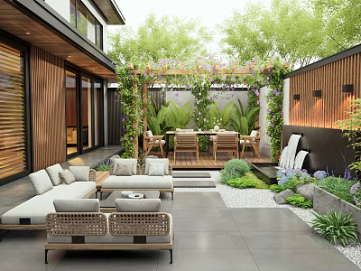 Beautiful Courtyard Garden With Outdoor Sofas Wooden Pergola Vines And Stone Patio 3d model