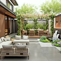 Beautiful Courtyard Garden With Outdoor Sofas Wooden Pergola Vines And Stone Patio