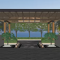Modern Pergola With Wooden Lattice Roof Green Plants Lighting And Stone Paved Floor