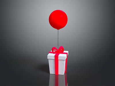 White Gift Box With Red Bow And Red Balloon On String For Daily Use 3d model