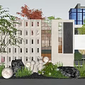 Modern Garden Landscape with Lattice Partition Wall Red Trees Round Lamps and Pebble Ground