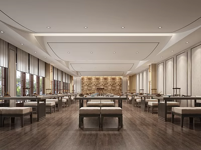 School Spacious Dining Hall Interior With Wooden Flooring And Neatly Arranged Tables 3d model