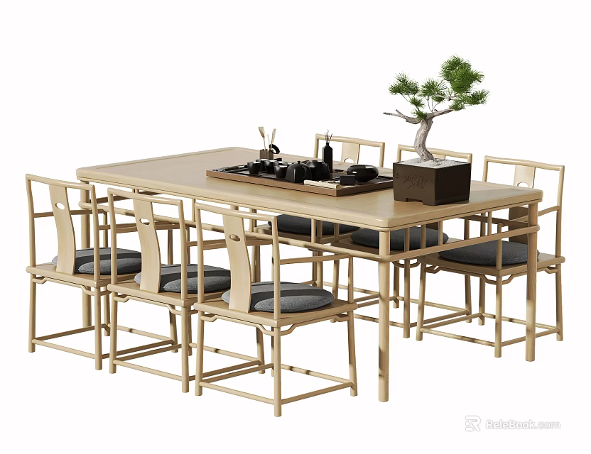 Modern Simple Tea Table And Chairs With Tea Set And Small Pine Decor 3d model