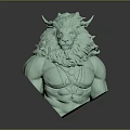 Green Lion Headed Mythical Creature Sculpture With Horns Muscular Torso And Necklaces With Pendants