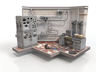 Industrial Mechanical Setup Featuring Metal Control Panels Piping Systems Workbench And Tools 3d model
