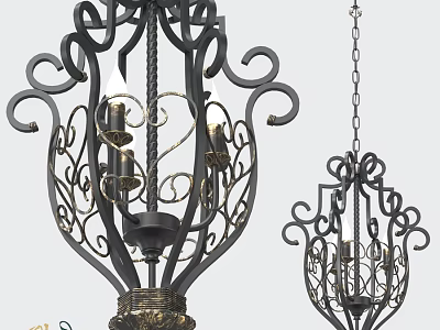 Wrought Iron Chandeliers With Curved Design And Candle Shaped Lights For Vintage Decor 3d model