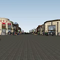 Vibrant Commercial Street Featuring Diverse Architectural Styles Plaza Shops And Pedestrians