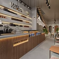 Modern Coffee Dessert Shop Interior Design With Wooden Stairs Sofa Tables And Plants