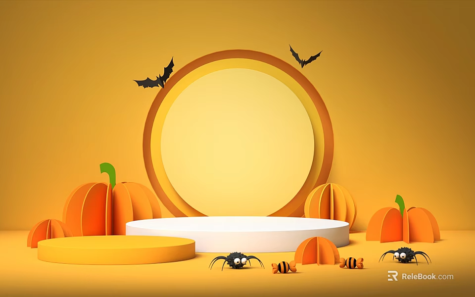 Halloween Decorative Display with Pumpkins Bats Spiders and Round Orange Backdrop 3d model