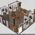 Modern Exhibition Booth Design With Display Cabinets Shelves And Circular Decorative Elements 3d model