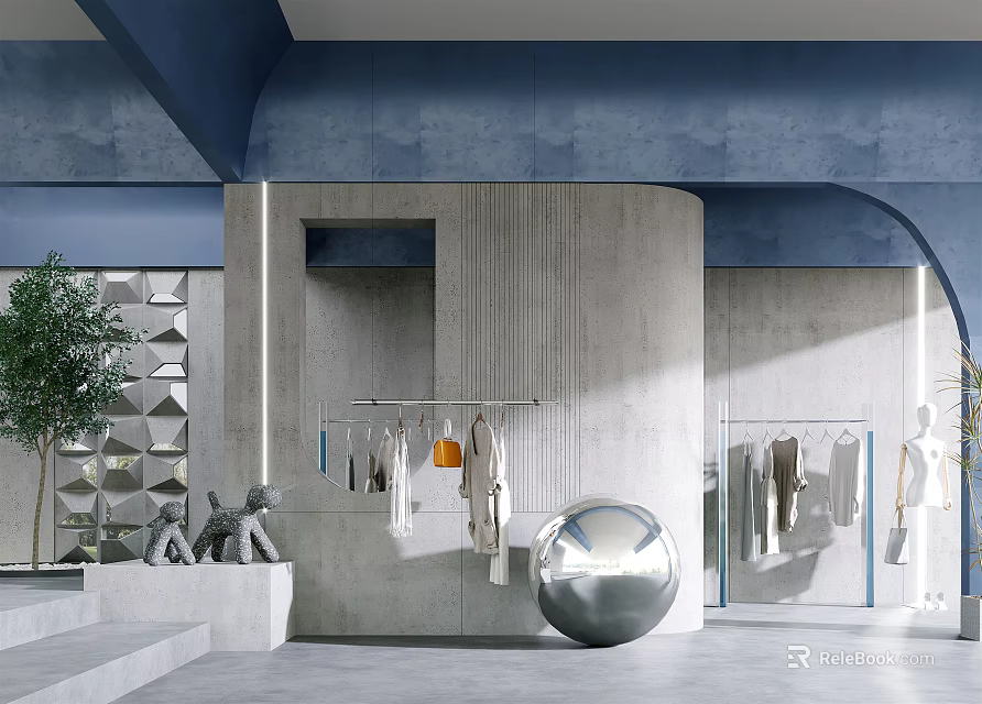 Modern Style Clothing Store Interior With Hanging Clothes Silver Spherical Decor And Gray Walls 3d model 