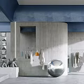 Modern Style Clothing Store Interior With Hanging Clothes Silver Spherical Decor And Gray Walls