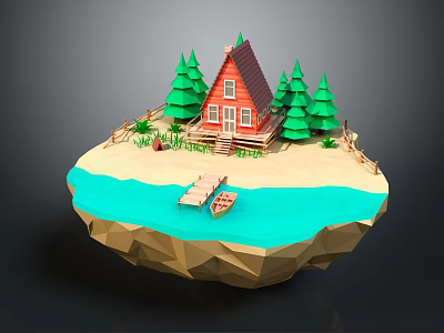 Red Small House on Floating Island Surrounded by Green Trees Blue Water and Wooden Bridge 3d model