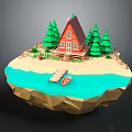 Red Small House on Floating Island Surrounded by Green Trees Blue Water and Wooden Bridge