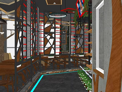 Industrial Style Restaurant Interior With Metal Frame Decor Wooden Tables And Green Plants 3d model