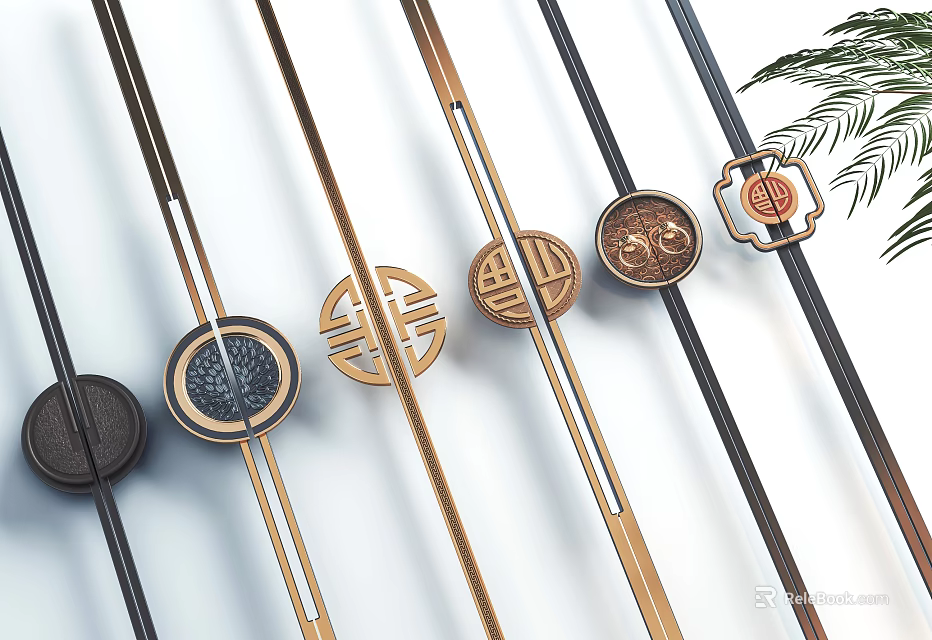 Elegant Modern Cabinet Handles With Metal Material And Round Ornamental Patterns In Gold Black Tones 3d model 