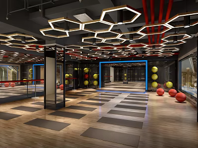 Modern Fitness Gym Interior Featuring Mirrored Walls Hexagonal Ceiling Lights Colorful Balls And Wooden Floors 3d model