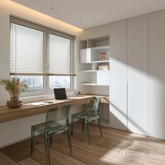 Modern Study Room Interior Design With Window Blinds Wooden Desk Laptop Transparent Chairs White Shelves 3d model 