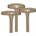 Three Wooden Pillars With Umbrella Shaped Tops And Lattice Structure Design