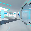 Modern Technology Exhibition Space With Large Screens Data Charts And Blue Lighting 3d model